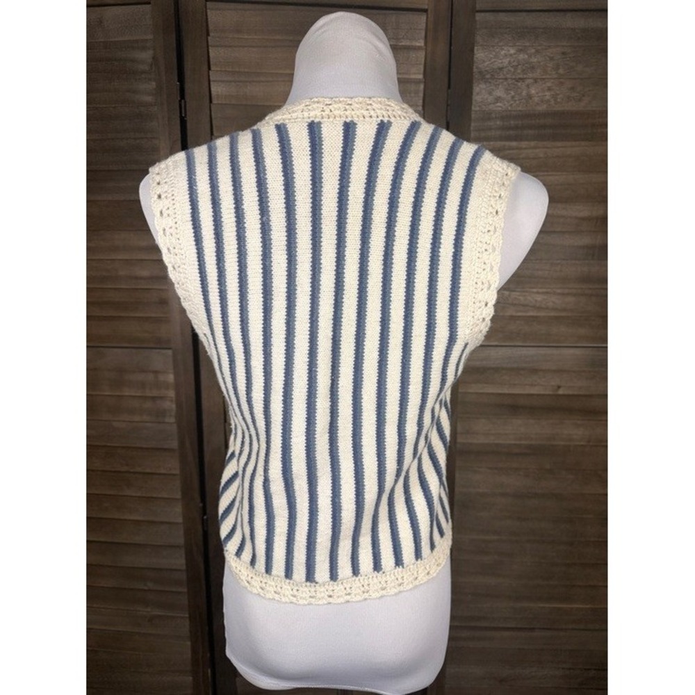Mixit Womens Medium Floral Striped Knit Sweater Vest Blue Cream Ramie Cotton - Picture 6 of 10